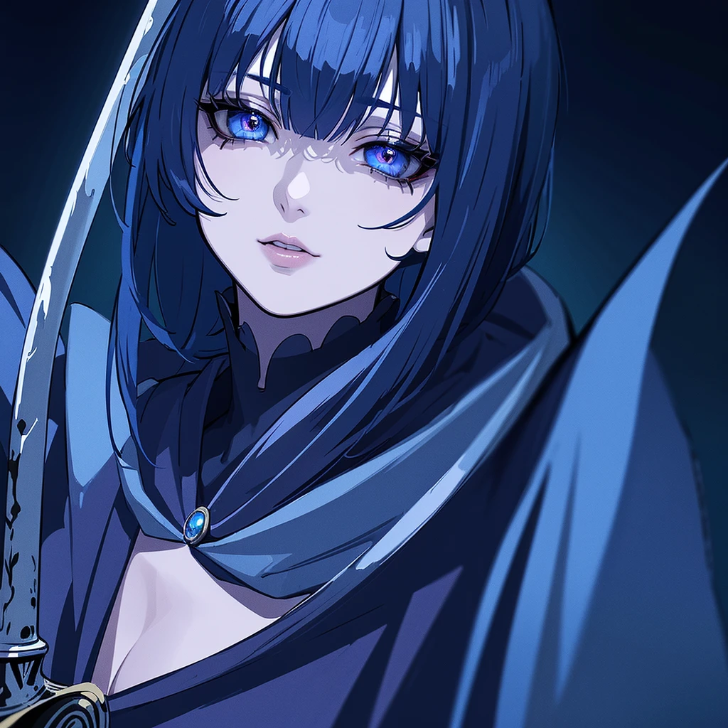 A dark girl with a blue cape and a shiny sword, junji ito style, detailed face, beautiful eyes, detailed lips, blood, 8k, 4k, (masterpiece:1.2), ultra-detailed, realistic, vivid colors, studio lighting, physically-based rendering
