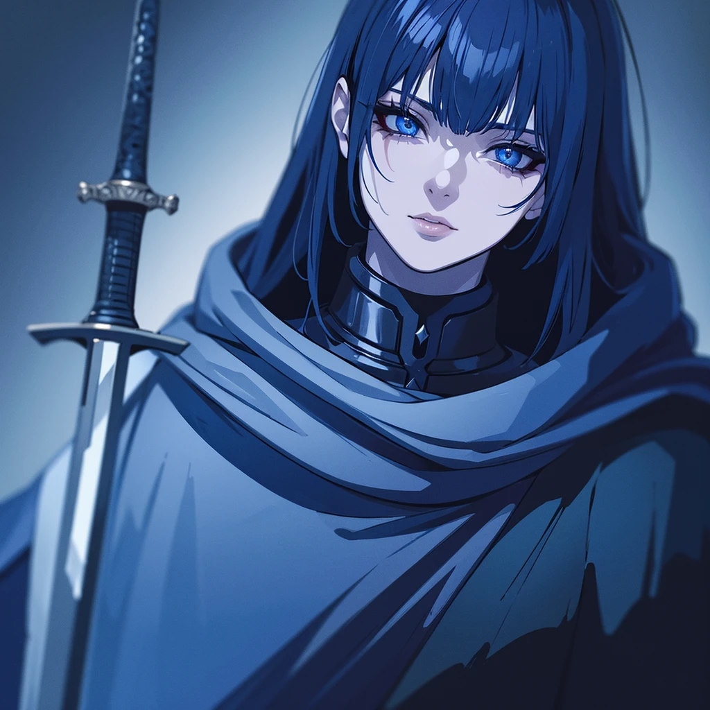 A dark girl with a blue cape and a shiny sword, junji ito style, detailed face, beautiful eyes, detailed lips, blood, 8k, 4k, (masterpiece:1.2), ultra-detailed, realistic, vivid colors, studio lighting, physically-based rendering