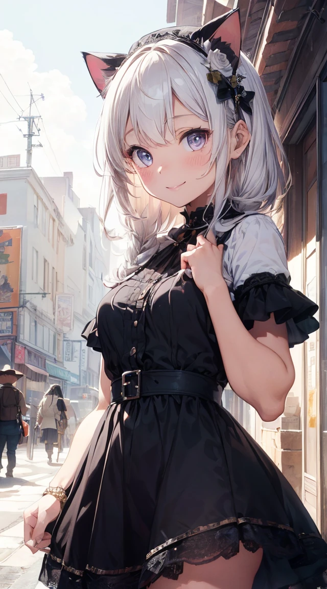 (((masterpiece))), (((Highest quality))), ((Very detailed)), ((Very detailedなイラスト)), ((Ultra-fine painting)), (16K Highest quality wallpaper:1.4), (Detailed and elaborate illustration style,:1.8) Detailed skin texture, High quality fabric, , (T-masterpiece), (Very detailedな顔:1.4), original, RAW Photos, Professional, Intricate details, Very detailed, Direct sunlight:1.6, ,(Cowboy Shot:1.9)、(Perfect Anatomy:1.4), (Extremely elaborate hands:1.2), (Very elaborate fingers:1.2), (Very elaborate fingers先:1.2),, (alone:1.6), (beautiful and adorable cat ears:1.6), (Intricate and delicate cat ears:1.4), (beautiful, Shiny white hair:1.6), (Very fine and delicate white hair:1.4),, (Very detailedな顔:1.4),(Light purple eyes:1.4),(smile:1.4),"What unfolds before my eyes、Born into one of the world's noble families.. She has an elegance and innocence that belies her age., But her splendor is in her noble Gothic ta fashion.. This is the work of a hyperrealist artist., Every detail of her is lovingly depicted..
Her outfit is a pure white and black dress., The essence of Gothic Loliashion. Realistic reproduction of the texture of velvet and silk, The unique sheen of the high-quality lace and ribbons sets her apart from her childhood., The dress is embroidered with roses all over., Everyone is emphasizing her innocence..
On her head, There is a black bonnet, The outline is studded with small pearls.. The elegant ornamentation beautifully frames her face.. We are doing it then.
In her hand she holds a small black parasol, The details are decorated with lace and ribbons.. Her elegant accent is portrayed along with her innocence..
Their innocent eyes captivate all who see them., They can see people at first glance.々It has the power to capture the hearts of.
Her Presence, A gorgeous yet delicate presence, It has a magical power that captivates all who see it.. All are highly polished、Highest qualityの画像を再現します。. Pure charm comes to the fore. これは私たちがこれまでに作った最高のmasterpieceです, And its beauty and individuality will never be surpassed.."