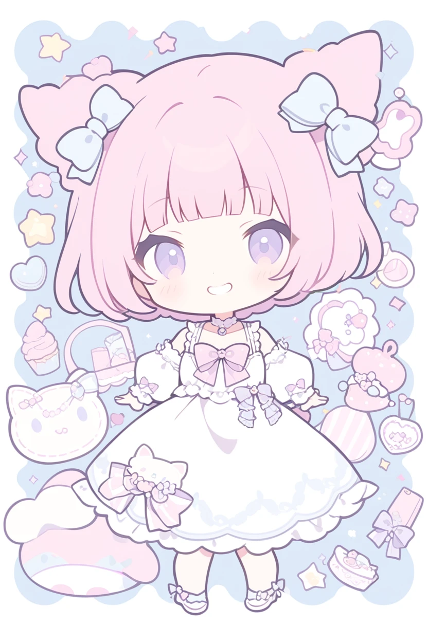 Craft a charming cartoon illustration of 1girl, Best quality, blunt bangs, long pink hair, purple eyes, white dress, grin, simple backgorund. The artwork should be characterized by minimalistic, rounded line art and pastel colors. The character should have exaggerated, endearing features, and the items should be stylized yet recognizable, sanrio style