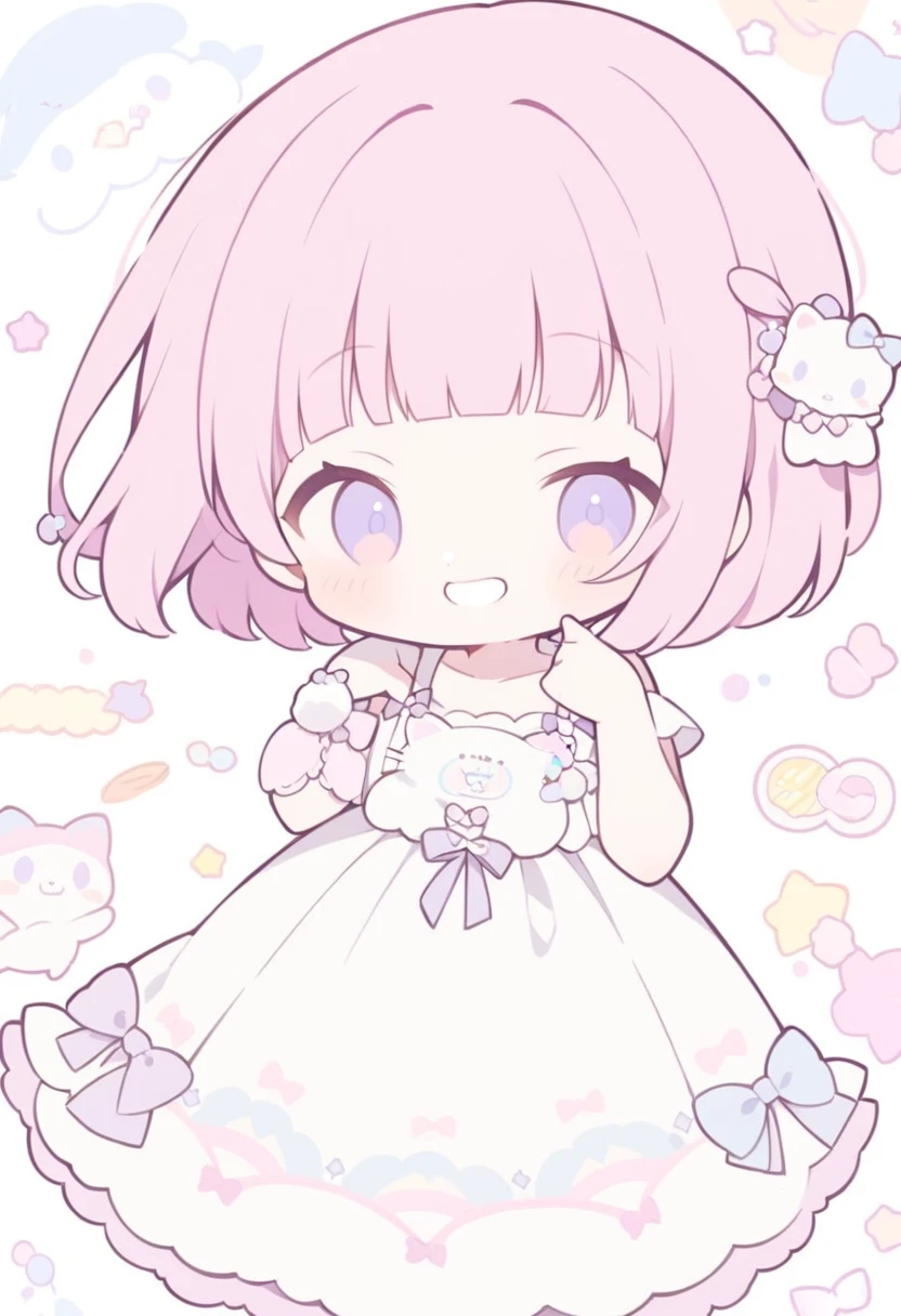 Craft a charming cartoon illustration of 1girl, Best quality, blunt bangs, long pink hair, purple eyes, white dress, grin, simple backgorund. The artwork should be characterized by minimalistic, rounded line art and pastel colors. The character should have exaggerated, endearing features, and the items should be stylized yet recognizable, sanrio style