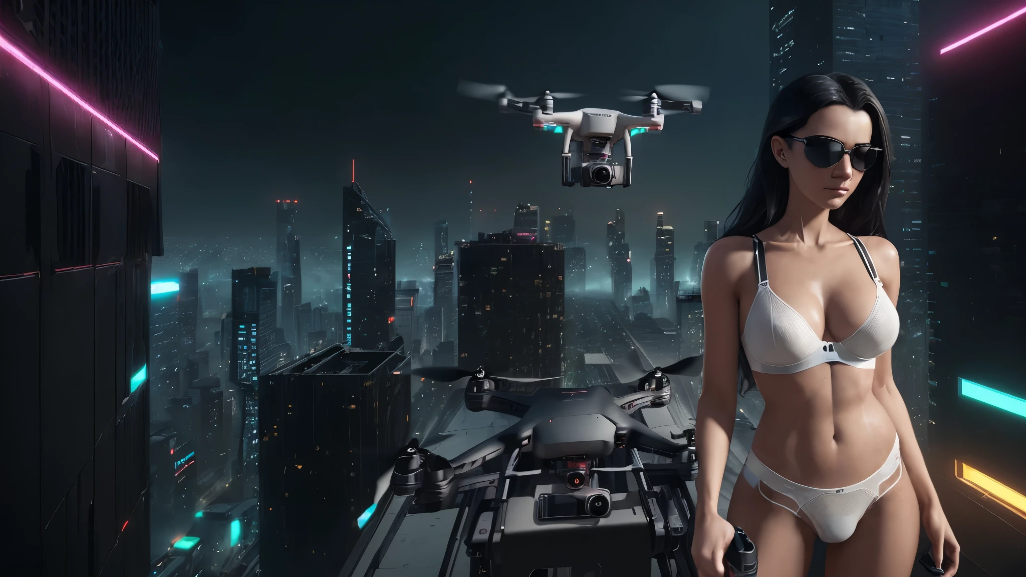 20-year old large-breast woman with cleavage:1.4, 1woman, solo, 3D neon art of a woman's body, (((matrix style black micro sunglasses, black bra and very short black miniskirt with white G-string panty))), (((aiming with a short gun))), (looking at camera), aerial view of blade runner neon-noir city background, (((1drone above city))), perfect composition, beautiful detailed intricate insanely detailed octane render trending on artstation, 8K artistic photography, photorealistic concept art, soft natural volumetric cinematic perfect light, chiaroscuro, award-winning photograph, masterpiece, oil on canvas, Raphael, Caravaggio, Greg Rutkowski, Beeple, Beksinski, Giger
