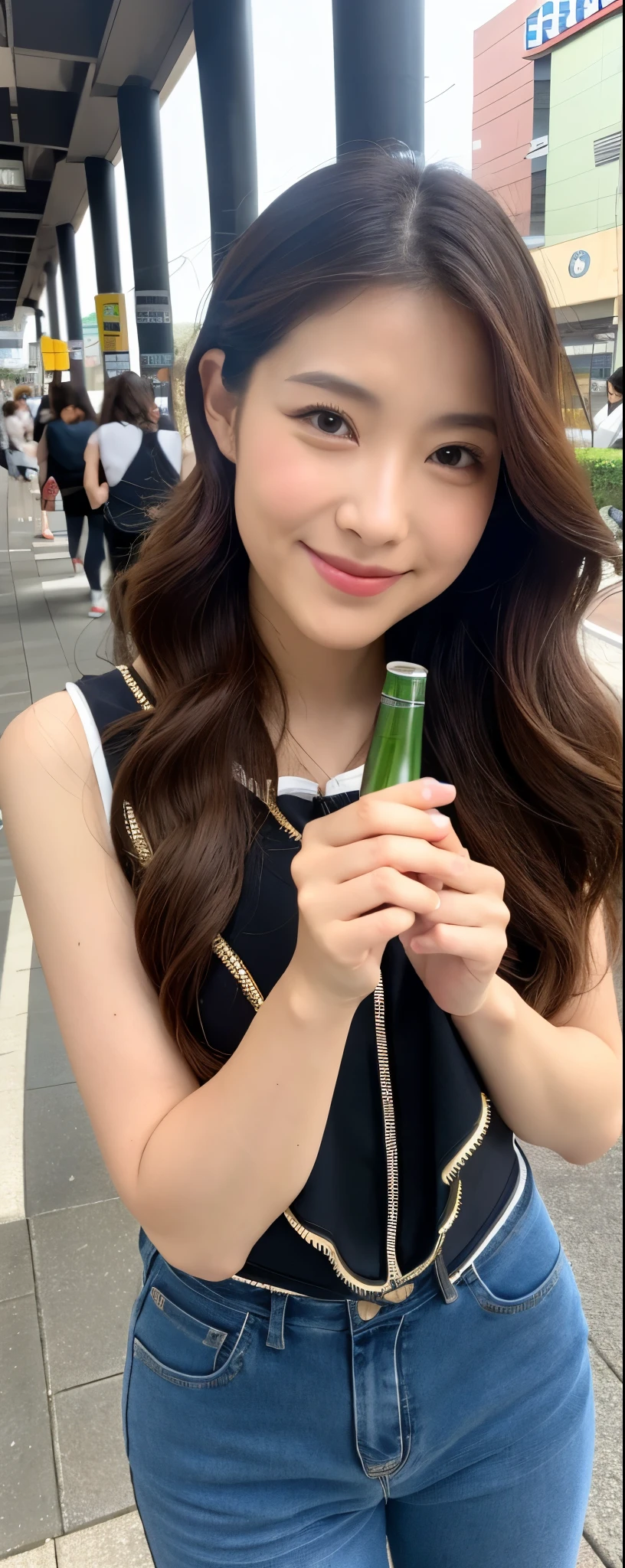 masuterpiece, Best Quality, Illustration, Ultra-detailed, finely detail, hight resolution, 8K photographic, Perfect dynamic composition, from front, 1 japanese girl, Beautiful detailed eyes, long wavy Hair, wearing sleeveless shirts wide pants, make up:1.1, Random poses,Smile, Omotesando Street Walk, 28 years girl