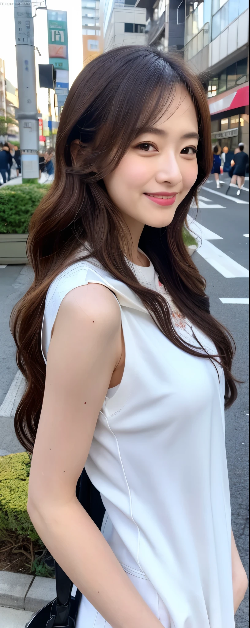 ((Excellent, (hyperrealistic, RAW photo, wallpaper), Masterpiece: 1.3)), Full body, Long legs, Focal length: 2, dynamic pose, dynamic view, dynamic angle, dynamic shot, Perfect Body Beauty: 1.4, Laughter, Slim Abs: 1.1, ((Dark brown layered hair, Big breasts: 1.2) ), (White skinny T-shirt, Leggings, Walking: 1.2), ((City Night View, Street: 1.3)), Highly detailed face and skin texture, detailed eyes, double eyelids
