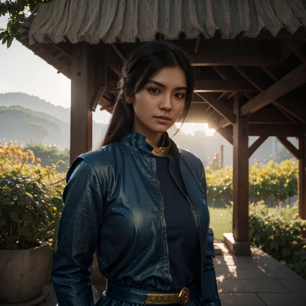 Aarav woman in blue dress gold belt and necklace, 3D character art rendering 8 k, Trending on cgstation, Cheng Wei Pan on artstation, Inspiration from granddaughter, German Bokeh Art 8k, High quality 8K detailed artwork., deviantart artstation cgscosiety, CG Society 8k, CG Society 8k