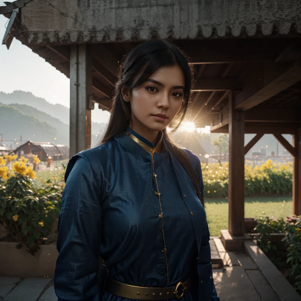Aarav woman in blue dress gold belt and necklace, 3D character art rendering 8 k, Trending on cgstation, Cheng Wei Pan on artstation, Inspiration from granddaughter, German Bokeh Art 8k, High quality 8K detailed artwork., deviantart artstation cgscosiety, CG Society 8k, CG Society 8k