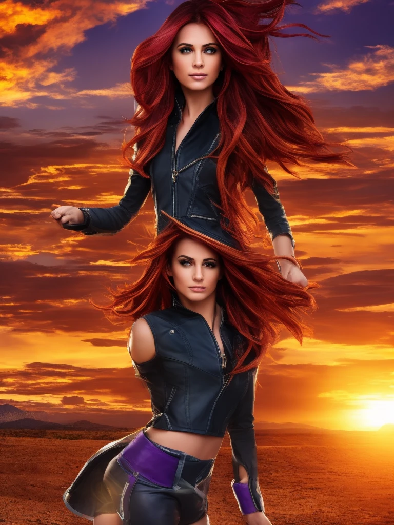 a beautiful woman with sunset shimmer hair, detailed facial features, striking purple eyes, delicate makeup, unzipped black leather jacket, purple shirt, blue jeans, red and white sneakers with white laces, standing in desert landscape of Tucson, Arizona, vibrant orange sunset sky, 8k, highly detailed, masterpiece, photorealistic, cinematic lighting, dramatic colors, detailed hands and feet