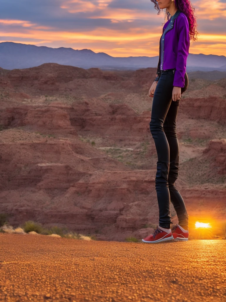 a beautiful woman with sunset shimmer hair, detailed facial features, striking purple eyes, delicate makeup, unzipped black leather jacket, purple shirt, blue jeans, red and white sneakers with white laces, standing in desert landscape of Tucson, Arizona, vibrant orange sunset sky, 8k, highly detailed, masterpiece, photorealistic, cinematic lighting, dramatic colors, detailed hands and feet