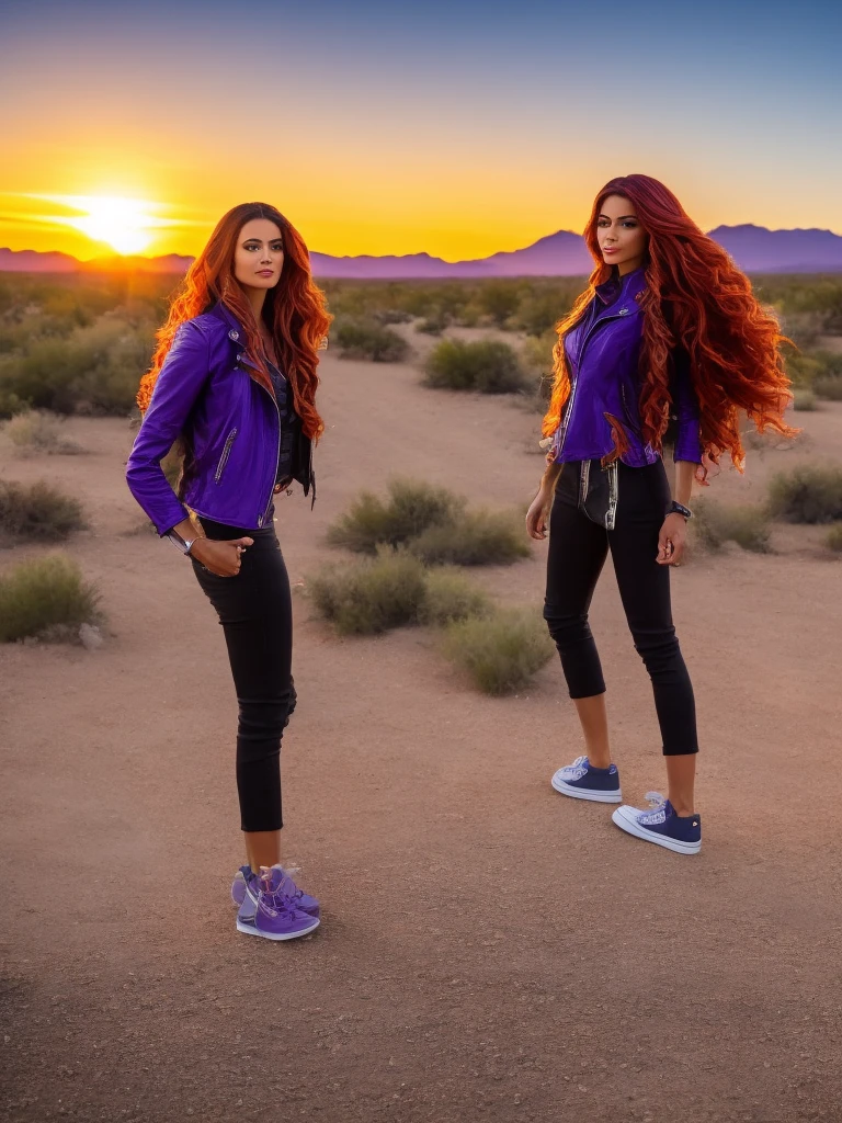 a beautiful woman with sunset shimmer hair, detailed facial features, striking purple eyes, delicate makeup, unzipped black leather jacket, purple shirt, blue jeans, red and white sneakers with white laces, standing in desert landscape of Tucson, Arizona, vibrant orange sunset sky, 8k, highly detailed, masterpiece, photorealistic, cinematic lighting, dramatic colors, detailed hands and feet