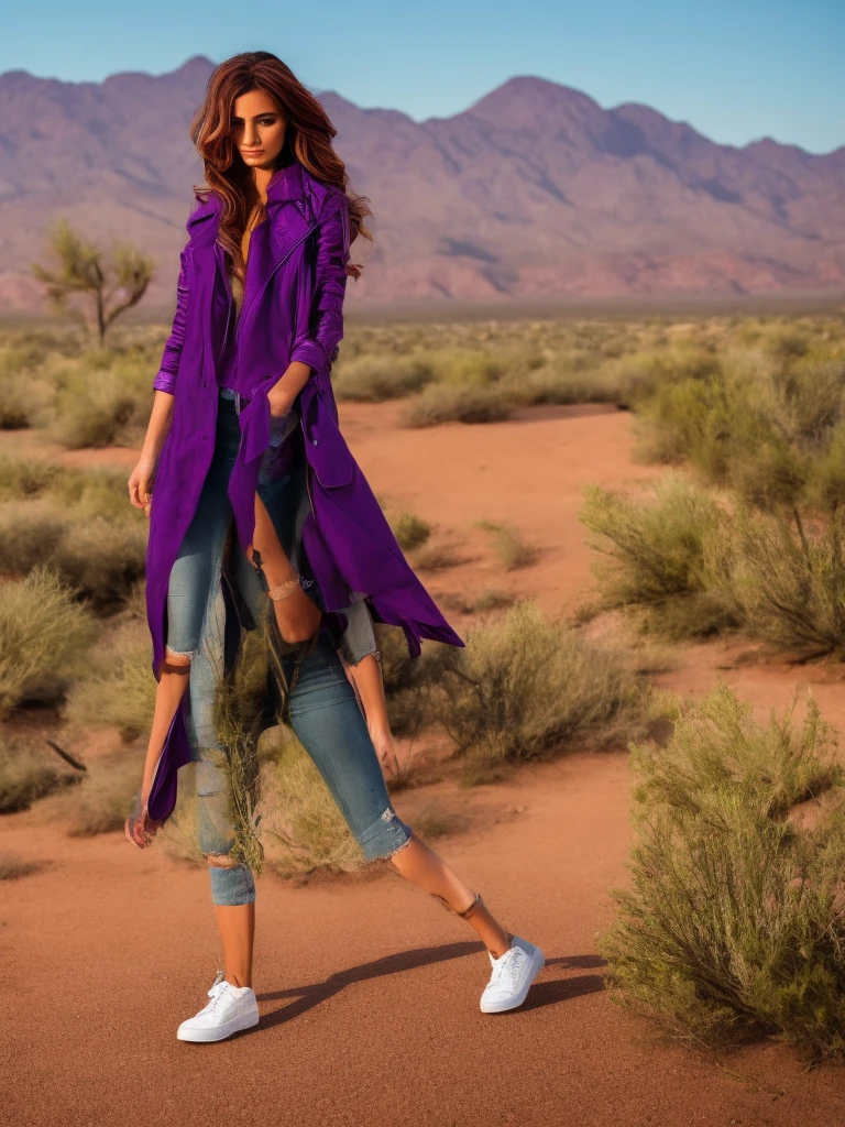 a beautiful woman with sunset shimmer hair, detailed facial features, striking purple eyes, delicate makeup, unzipped black leather jacket, purple shirt, blue jeans, red and white sneakers with white laces, standing in desert landscape of Tucson, Arizona, vibrant orange sunset sky, 8k, highly detailed, masterpiece, photorealistic, cinematic lighting, dramatic colors, detailed hands and feet