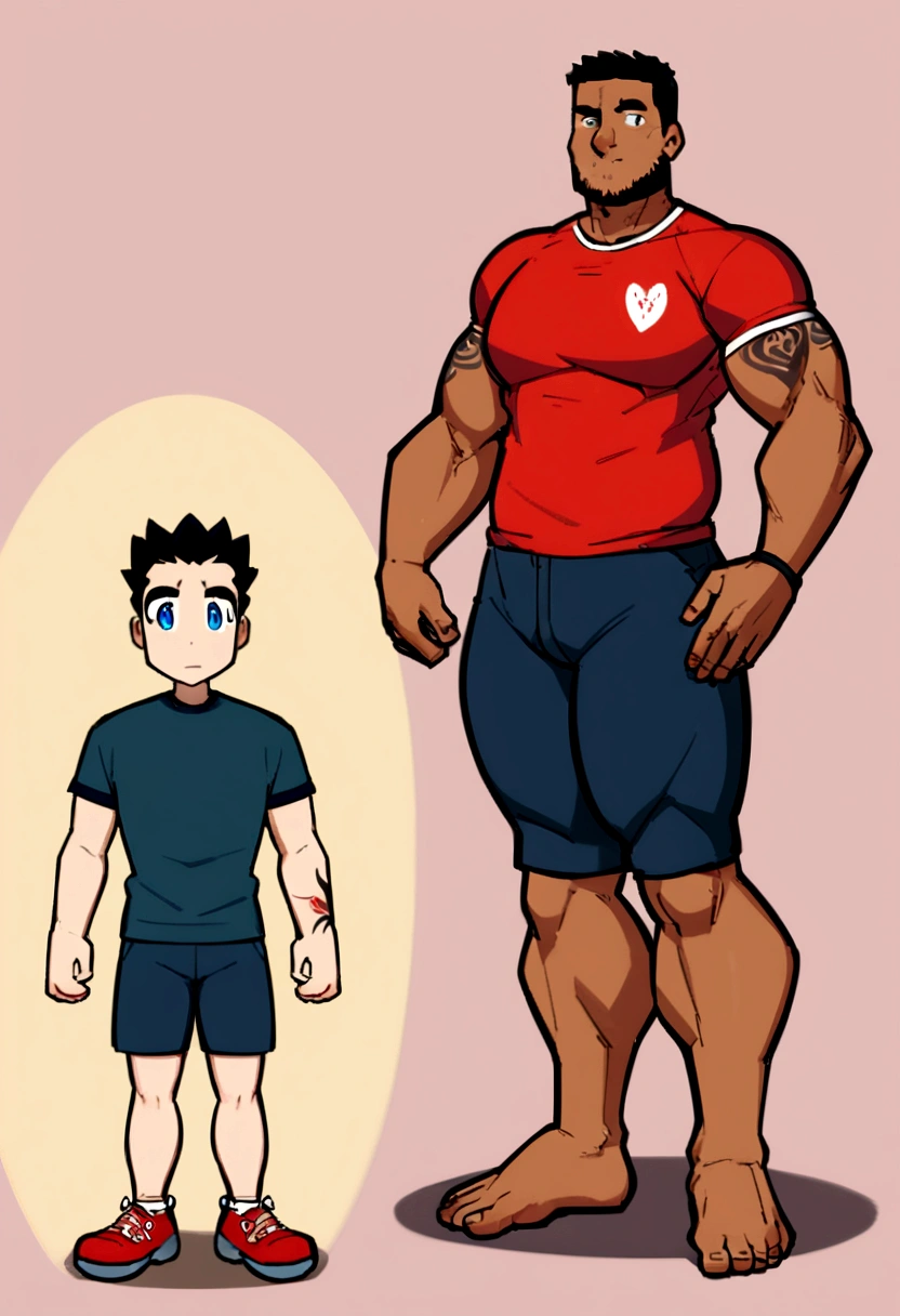 a cartoon image of a man with a tattoo on his arm, visible legs, In shorts, thicc thighs!!!, ator 2d, tall anime guy with blue eyes, full-length portrait of a short!, wearing short and t shirt, wearing short pretos, thicc thighs!!!!!!, visual novel sprite, exposed thicc thighs!!!, thicc thighs, wearing short, full body sprite, 2d anime style