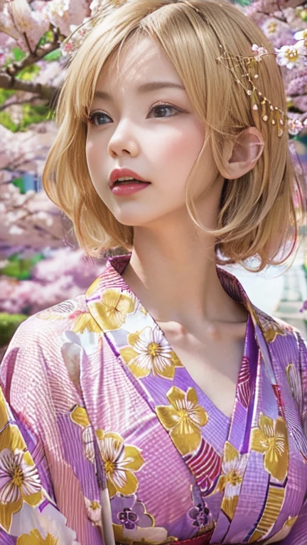 the same,
One Woman,

Golden Hair,
(Short Hair.05),Ashime,straight,

((Flower Hair Ornaments)),Purple Necklace,

Natural skin texture,Big ,Narrow waist,
Pink Lipstick,

kimono,Hydrangea pattern,

Big Bridge,Cherry blossom trees,Summer Scenery,Dancing cherry blossoms,

Slightly larger breasts,expression(Puzzled),Resolute attitude,
Closed Mouth,blush,True Face,upright posture,Squint your eyes,

Natural depiction,
Beautiful depiction,
Shiny eyes,
Healthy Body,
Natural hairstyle,
Natural body contours,
Natural facial contours,
Sharp eyelid depiction,
Keep the subject in the center,
Beautiful image quality,Delicate shades,4K,Very detailed,Delicate light adjustment,Delicate contour drawing,