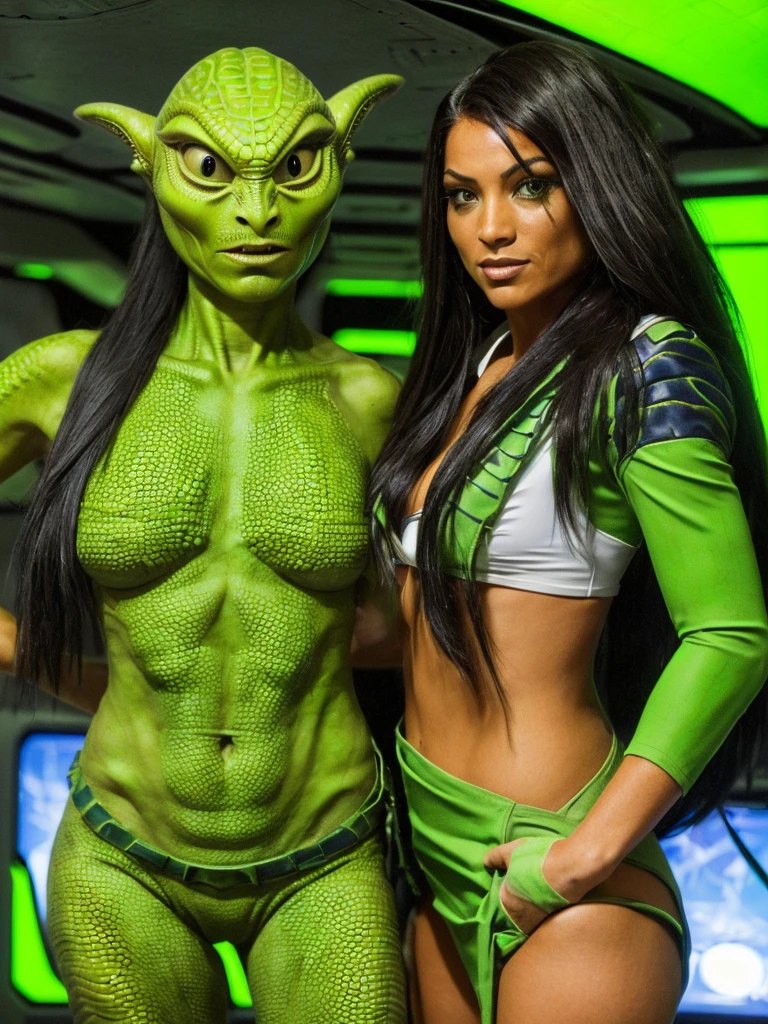 (((Incredibly sexy Starship crew member wearing a revealing uniform))) stands with her (((green scaly skinned Alien captain))) on board ship