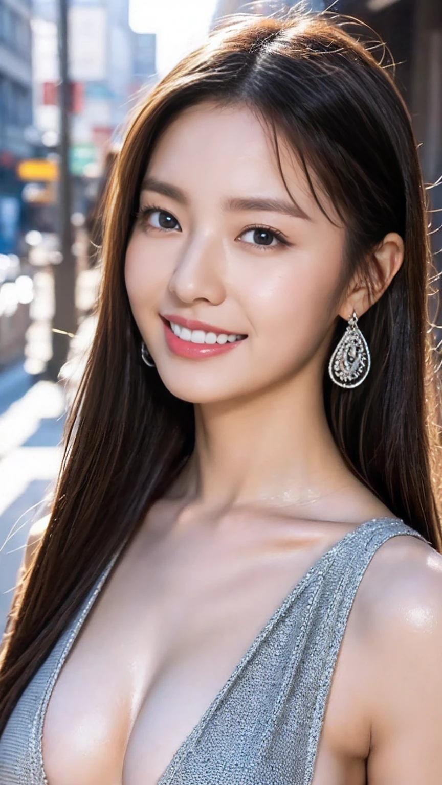 Urban beautiful girl college student, masterpiece, light makeup, Red lips, Silver Hair, Disheveled long hair, Street background, beautiful, elegant. Extremely fine detail, Master Works, Authentic texture, Realism in film lighting, Perfect job, 16K, High resolution, exquisite features,blue eyes、Japanese Idols、beautiful顔、Cute Smile、Brown Hair、beautiful hair、ponytail、glamorous、 Big Breasts、Erect nipples、Greasy muscles、Shiny skin、Sunburned skin、Glowing dark skin、Sexy knitted sweaters, Bright big eyes, Smooth Skin, Earrings, necklace, tattoo