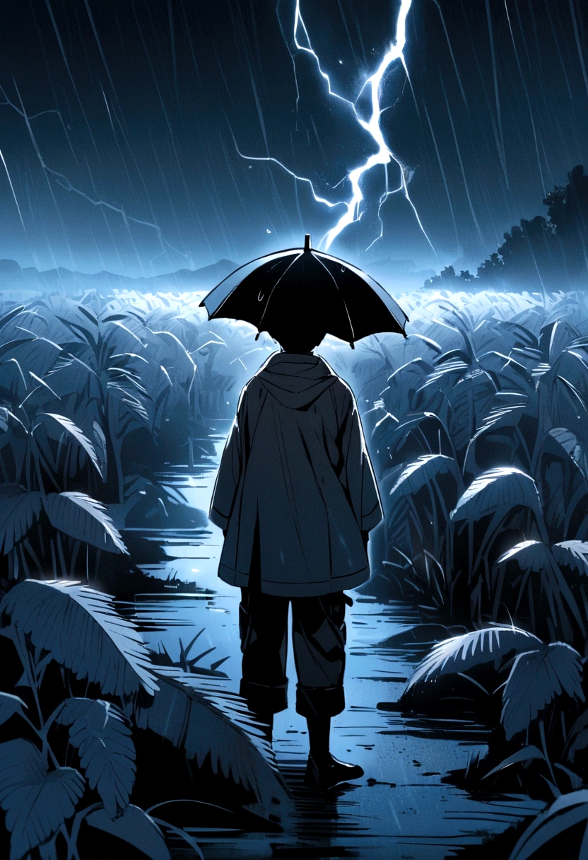 A small boy alone in a rice field in a rainy and lightning-filled situation