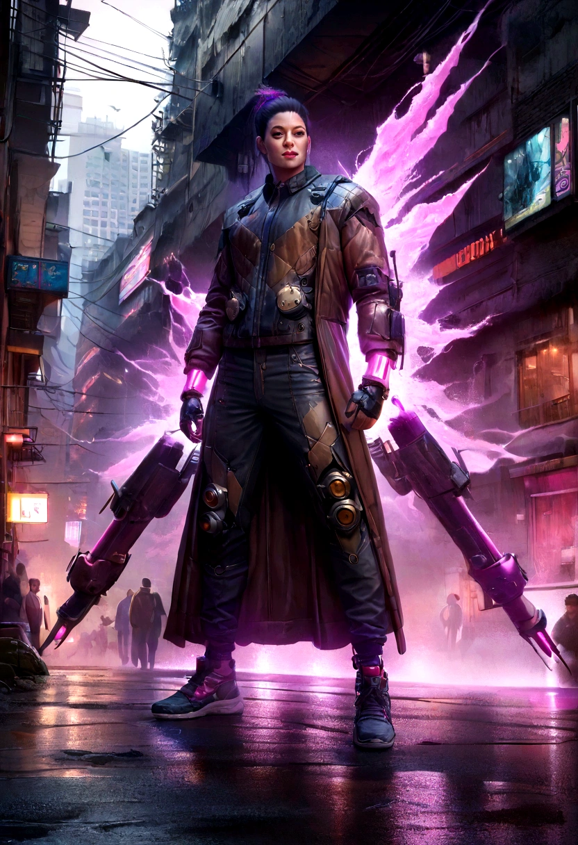 (best quality,4k,8k,highres,masterpiece:1.2),ultra-detailed,(realistic,photorealistic,photo-realistic:1.37),cyberpunk fantasy,cosplay of a man in futuristic attire,mechanical augmentation,glowing neon lights,urban cityscape,gritty and dark atmosphere,high-tech gadgets,multiple layers of clothing,reflective surfaces,expressive glowing eyes,metallic arm prosthetics,urban decay,energy weapons,advanced technology,hovering drones,street graffiti,shadows and silhouettes,sharp and angular shapes,contrast between light and dark,emerging steam,electric sparks,smoke and fog,unconventional hair colors,edgy and daring poses,mysterious alleyways,streets filled with advertisement holograms,vivid and vibrant colors,imposing skyscrapers,intricate tattoos,impressive cybernetic implants,imposing stance and confident expression,imposing stance and confident expression,advanced cybernetic enhancements,chaotic and dynamic composition,unique and intricate patterns,stylized futuristic aesthetics,facial piercings and body modifications,stylized futuristic aesthetics,pulsating energy effects,highly detailed background scene,highly detailed cyberpunk accessories,highly detailed cyberpunk accessories,city streets with flying vehicles,exotic and extravagant fashion,urban environments with dense crowds,glitch and distortion effects,grunge and decay,hard light sources and reflections,dystopian setting with an enigmatic atmosphere