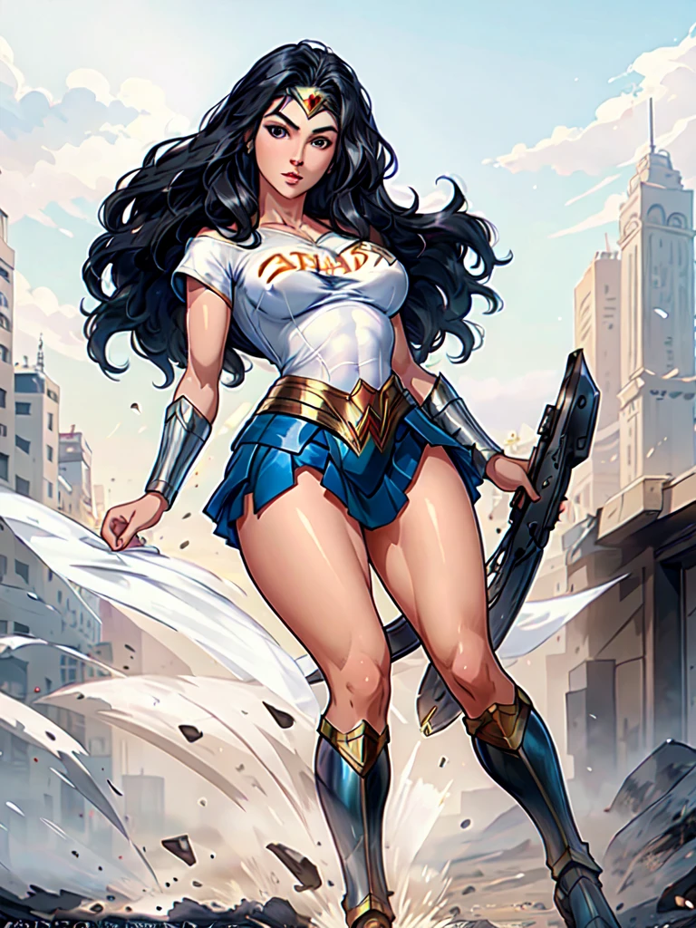 wonder woman, ((wearing a white Real Madrid tshirt)), (pretty face:1.2), (finely detailed face and beautiful eyes), mature female, muscle, bare hands, (armlet, blue armor skirt, bracer, head ring ), (black eyes, black long hair, messy hair, floating hair), ((white Real Madrid tshirt)), (long proportional legs), (best quality:1.1),(city background:1.2), dark_fantasy, wind, 35mm lens, f/1.4, 8K, ((masterpiece)), trending on Artstation, DeviantArt, Mucha, Rutkowski, artgerm