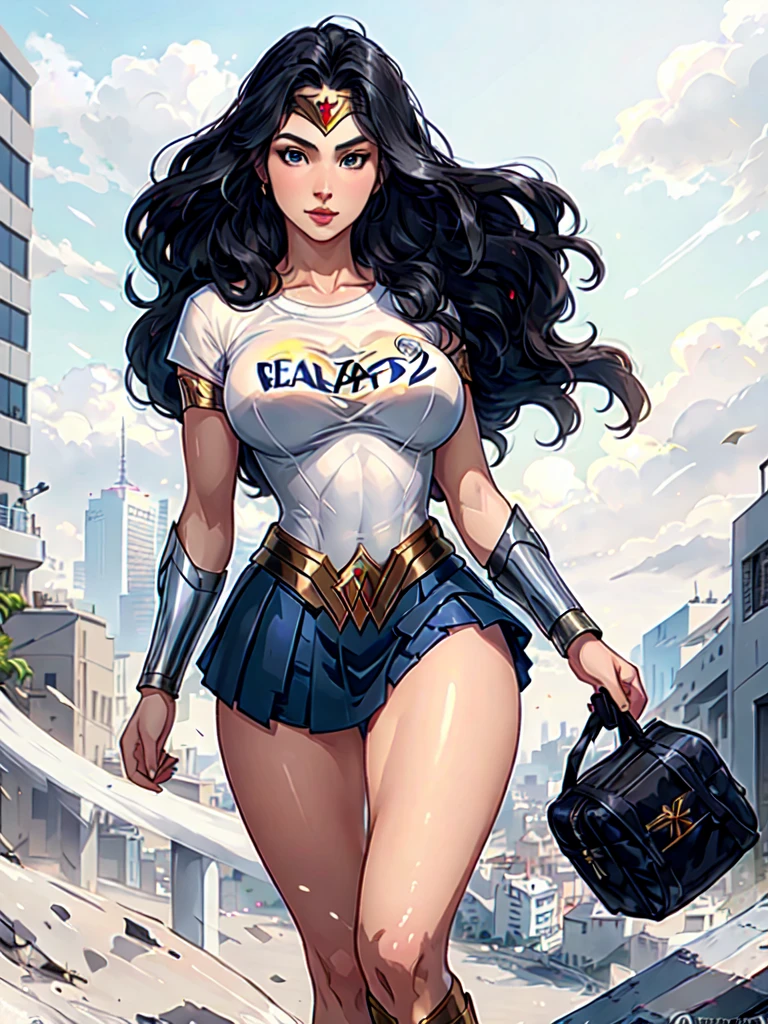 wonder woman, ((wearing a white Real Madrid tshirt)), (pretty face:1.2), (finely detailed face and beautiful eyes), mature female, muscle, bare hands, (armlet, blue armor skirt, bracer, head ring ), (black eyes, black long hair, messy hair, floating hair), ((white Real Madrid tshirt)), (long proportional legs), (best quality:1.1),(city background:1.2), dark_fantasy, wind, 35mm lens, f/1.4, 8K, ((masterpiece)), trending on Artstation, DeviantArt, Mucha, Rutkowski, artgerm