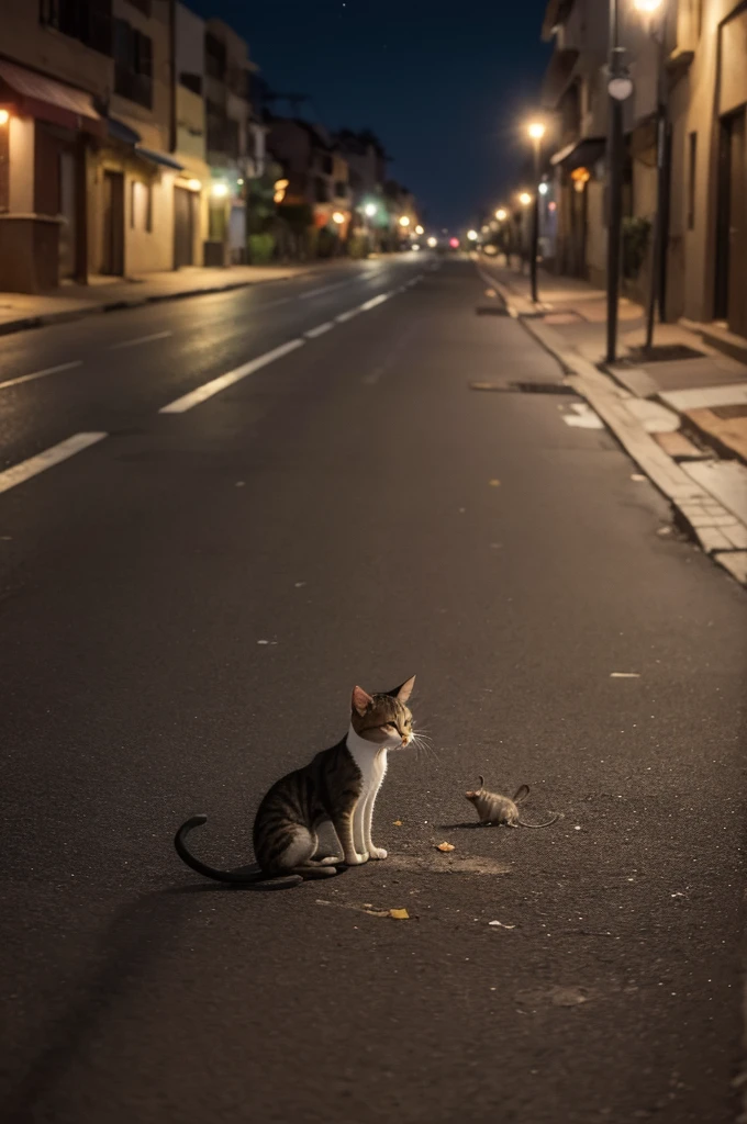 A Malnourished Cat Crying in the Street When Suddenly He Finds a Mouse, Ultra Realistic 4k Image, 7K, Impeccable, Street lighting, background of a street in Southeast Africa, Ultra Careful Street in Details.