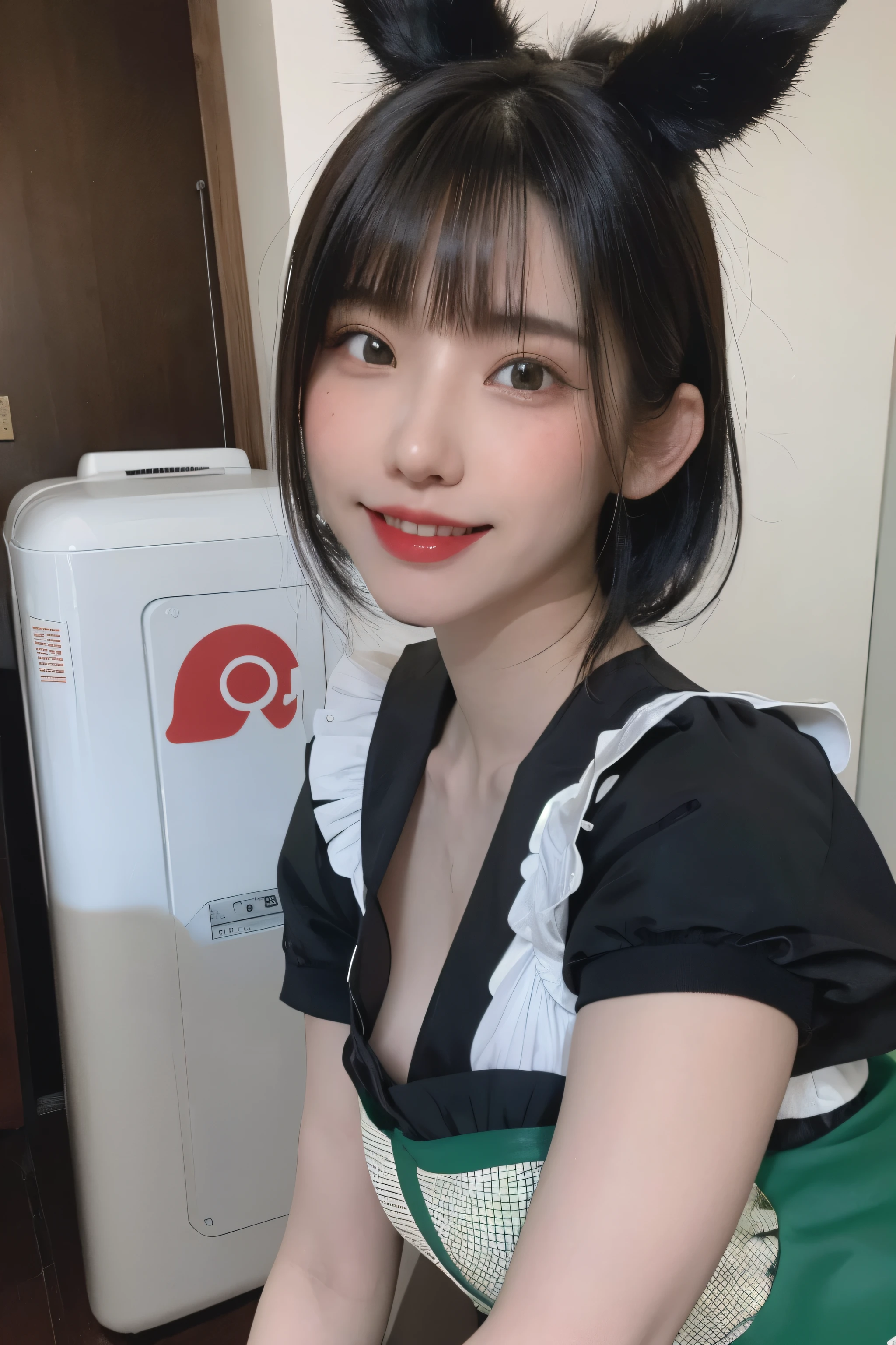 RAW Photos,(8K)、(Highest quality: 1.2)、(Real)、(Real: 1.37)、Ultra-high resolution、Young woman with black and white hair smiling at the camera outside。She is wearing a black and green maid costume.、One hand touching the cheek。In the background you can see an air conditioning unit and a wall covered with stickers.。Half Korean and half Japan、Korean is 60% 、18-year-old、cute、smile、Mouth closed、Thick lips、Red lips、freckled face、Aquiline Nose、