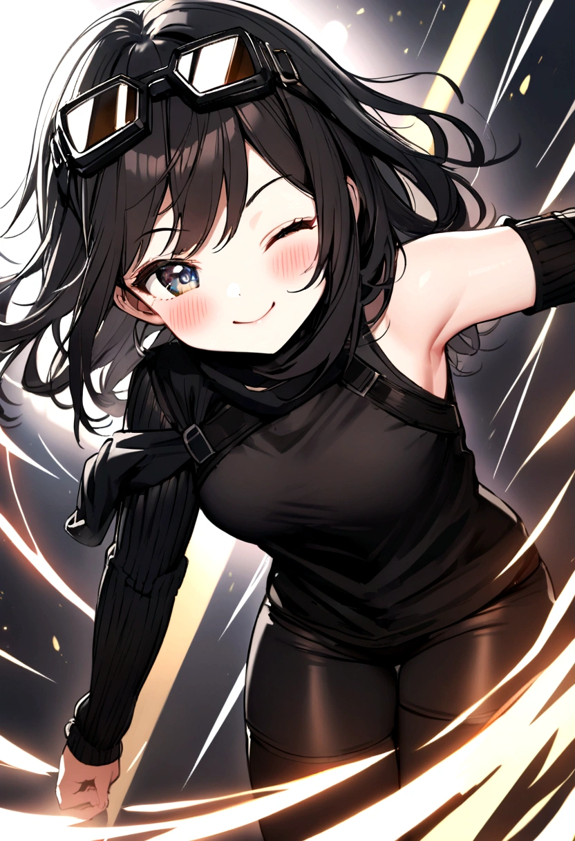 Girl, 17 years old, black hair, light brown eyes, black turtleneck clothing, shiny scratch mark on her neck and shiny lines on her arms 