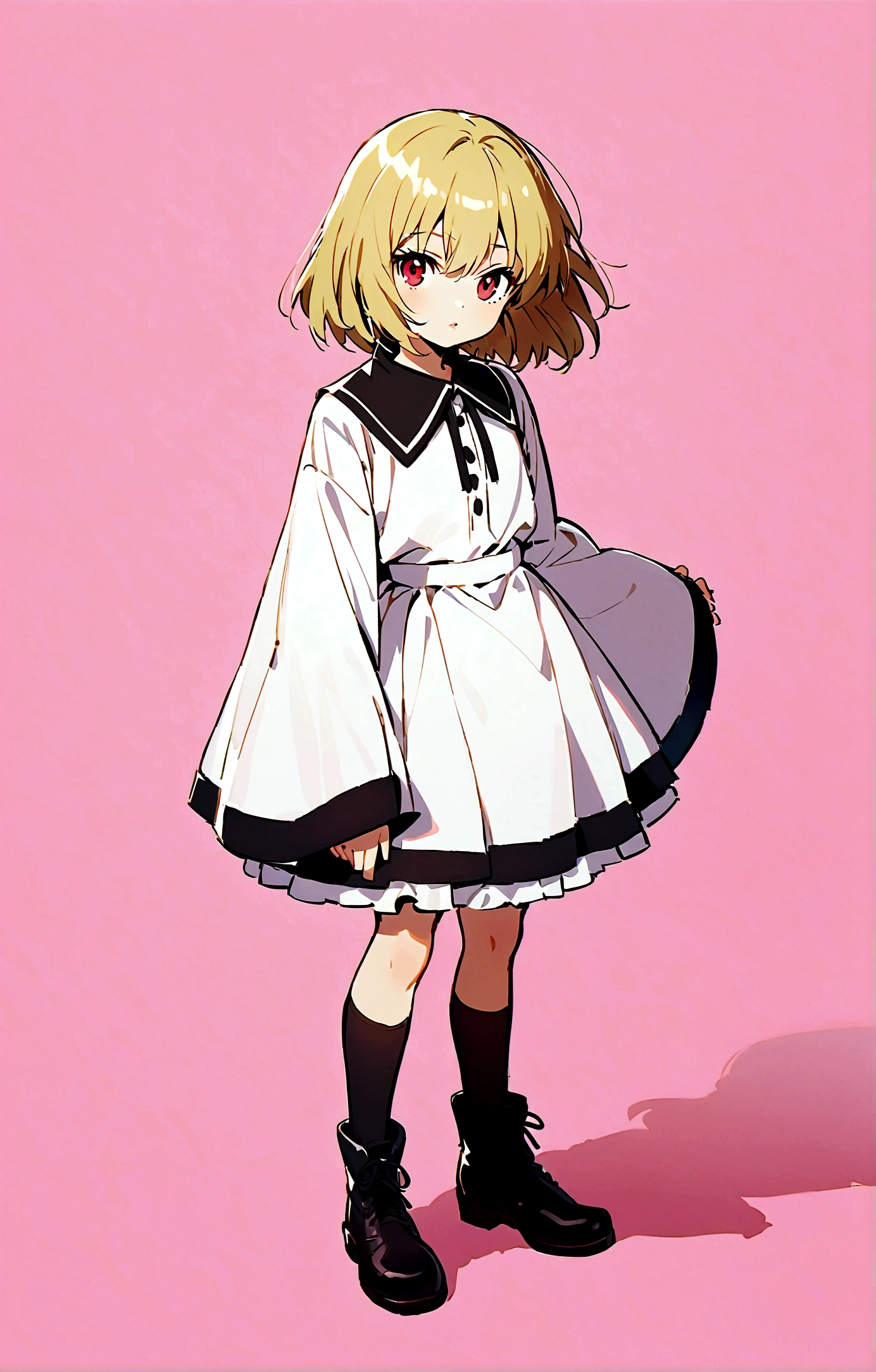 (houjou_Satoko), One girl, alone, (Blonde), Red eyes, short hair, Small breasts, 11 years old, 1girl, 独奏, looking at viewer, simple background, long sleeves, dress, standing, full body, boots, socks, wide sleeves, black footwear, white dress, lips, pink background, black socks