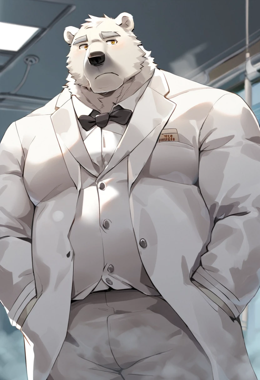 polar bear，personification，Mature male，Strong Man，White hair，naked，Cold expression，Golden pupils，Gray eyebrows，White suit suit，Hands in pockets，The Age of Steam，Hospital Office。