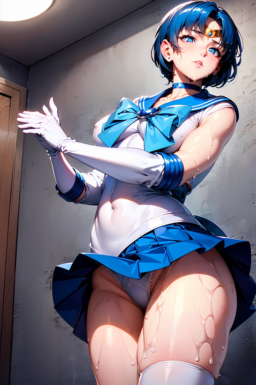 NSFW {{Sailor Mercury}}so beautiful,, Highest quality, Realistic, Complex, Overall Details Blue Hair, Magical girl, Blue eyes, Blue Skirt, Cute white panties、White elbow-length gloves, tiara, Pleated skirt ,Blue long boots Light Blue Sailor Necklace, mini skirt, choker, blue choker, White gloves Bedroom Mood Lighting Super fatty muscle The wind blows up my skirt Cute white panties Angle from below ((Wet))