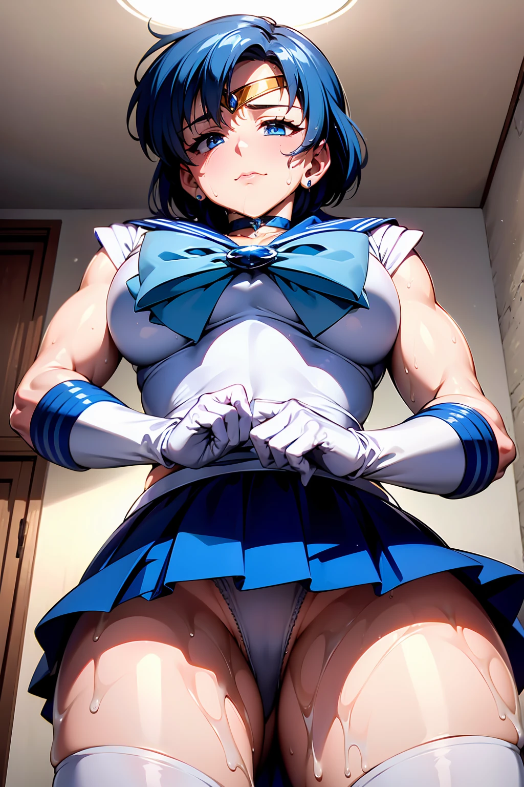 NSFW {{Sailor Mercury}}so beautiful,, Highest quality, Realistic, Complex, Overall Details Blue Hair, Magical girl, Blue eyes, Blue Skirt, Cute white panties、White elbow-length gloves, tiara, Pleated skirt ,Blue long boots Light Blue Sailor Necklace, mini skirt, choker, blue choker, White gloves Bedroom Mood Lighting Super fatty muscle The wind blows up my skirt Cute white panties Angle from below ((Wet))