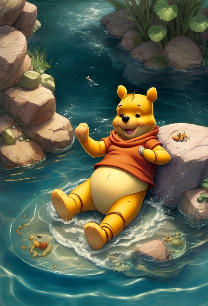 Winnie the pooh beach boy with a small black fishing hat in a pool