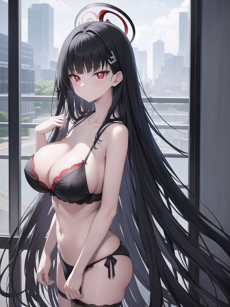 Rivertsukatsuki, River, black hair, (red eyes:1.5), hair ornament, hairclip, Halation, long hair,
、Extremely large breasts(4700)、 Huge 、Two people、lace devil lingerie、A girl with long black hair and long grey hair