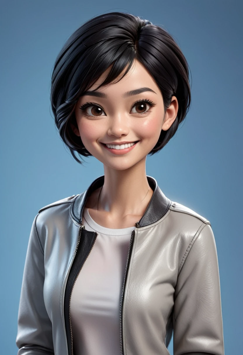 Create cartoonish caricature 3D animation with a big head. a 17 year old Indonesian woman. She has short, black pixie-cut hair. Her face is oval-shaped with smooth lines, thick and neat black eyebrows, normal  eyes, a small pointed nose, and thin lips with a wide, friendly smile. She is wearing a light grey leather jacket over a white t-shirt. Gradient blue background with professional lighting. masterpiece, top quality, skin and face very detailed, ultra-realistic, high definition, studio lighting, sharp focus, body angle 2/3, Concept Art, 3D render.