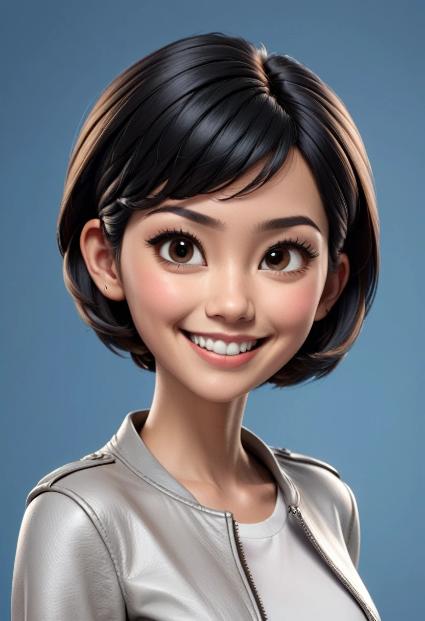 Create cartoonish caricature 3D animation with a big head. a 17 year old Indonesian woman. She has short, black pixie-cut hair. Her face is oval-shaped with smooth lines, thick and neat black eyebrows, normal  eyes, a small pointed nose, and thin lips with a wide, friendly smile. She is wearing a light grey leather jacket over a white t-shirt. Gradient blue background with professional lighting. masterpiece, top quality, skin and face very detailed, ultra-realistic, high definition, studio lighting, sharp focus, body angle 2/3, Concept Art, 3D render.