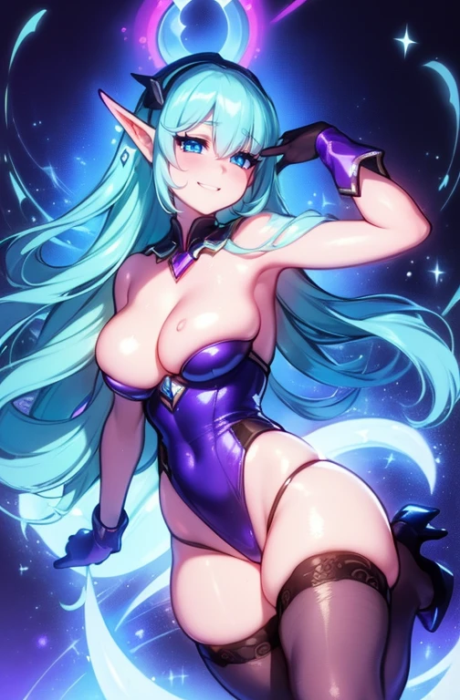 SFW, (Ultra Quality, Unparalleled Masterpiece:1.4), Ethereal, (Realism:1.4), (Realisitc:1.2), (Absurdres:1.4), anime style, 4K, Overwhelmingly Pixel-Perfect, Ultra-Detailed, Digital Art, Gorgeous night Elf, ((night elf, dark elf)), (Soft Features: 1.4), Detailed Face, (Solo:1.4), (1Girl), (Facing Viewer:1.2), (Long ashed Hair: 1.4), (Bangs, Sidelocks:1.2), Seductive, (Zelda, Celestine Lucullus: 1.2), (Voluptuous:1.4), (Bimbo: 1.4), (Squishing breasts), (Small Waist: 1.2), (Thick Lips: 1.3), (light smile: 1.2), Rocks, Trees, Plants, (Bush:1.2), (Ultra-Detailed Absurdly-Neon Clear Mint Eyes:1.2), (focus on legs: 1.2), ((stockings)), (high heels), seductive, full body, (Sexy Pose: 1.4), venusbody, art by wlop and ross tran, (Luminous Studio Graphics Engine)