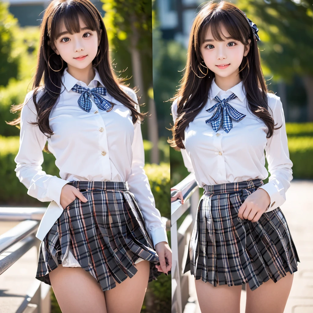 ((smile))、Confused、RAW Photos、(((The ultimate portrait masterpiece)))、((The cutest girl in the world:1.4))、1 girl、12 years old、Japanese、Cute face、((Silky Hair))、(A high ponytail tied with a ribbon:1.4)、((Super huge breasts:1.4))、((Eyes that shine like jewels))、Glowing Skin、(young woman;A consisting of a transparent white shirt, Thin ribbon, blazer, Checkered pleated skirt.:1.5)、Winter clothes、(Uniforms made from high-quality fabrics:1.4)、Ultra-detailed uniforms、(She shyly pulls up her skirt:1.3)、(I can see your beautiful vagina.:1.3)、((Crotch from the front))、A skirt fluttering in the wind、eyeliner、Beautiful Bangs、Hair between the eyes、((solve、High resolution))、Detailed Background、8 KUHD、Digital SLR、Soft Light、high solve、Film Grain、Fujifilm XT3、Shallow depth of field、自然なSoft Light、Narrow waist,(Beautiful girl with sparkling eyes:1.3),(A big bust that seems to burst:1.4),(Sometimes I squat so I can see my pussy line:0),(Very beautiful pussy line:1.5),(Skirt Lift:1.5)