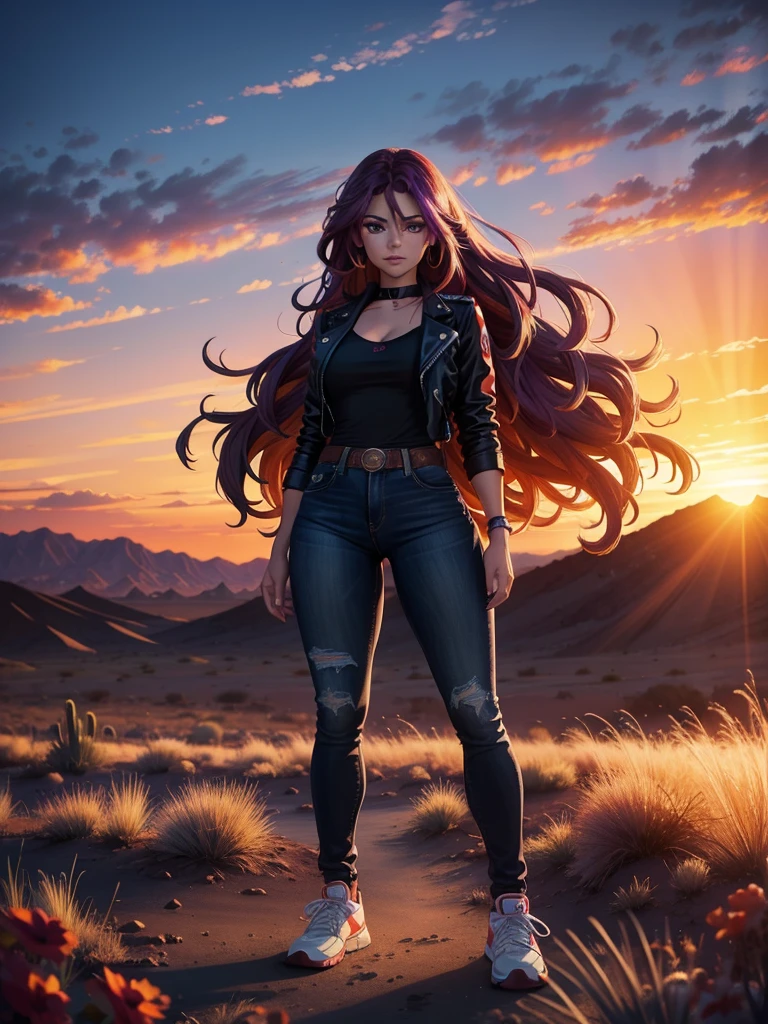 a beautiful woman with sunset shimmer hair, detailed facial features, striking purple eyes, delicate makeup, unzipped black leather jacket, purple shirt, blue jeans, red and white sneakers with white laces, standing in desert landscape of Tucson, Arizona, vibrant orange sunset sky, 8k, highly detailed, masterpiece, photorealistic, cinematic lighting, dramatic colors, detailed hands and feet