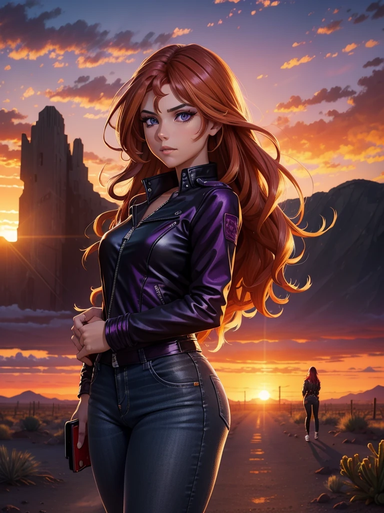 a beautiful woman with sunset shimmer hair, detailed facial features, striking purple eyes, delicate makeup, unzipped black leather jacket, purple shirt, blue jeans, red and white sneakers with white laces, standing in desert landscape of Tucson, Arizona, vibrant orange sunset sky, 8k, highly detailed, masterpiece, photorealistic, cinematic lighting, dramatic colors, detailed hands and feet