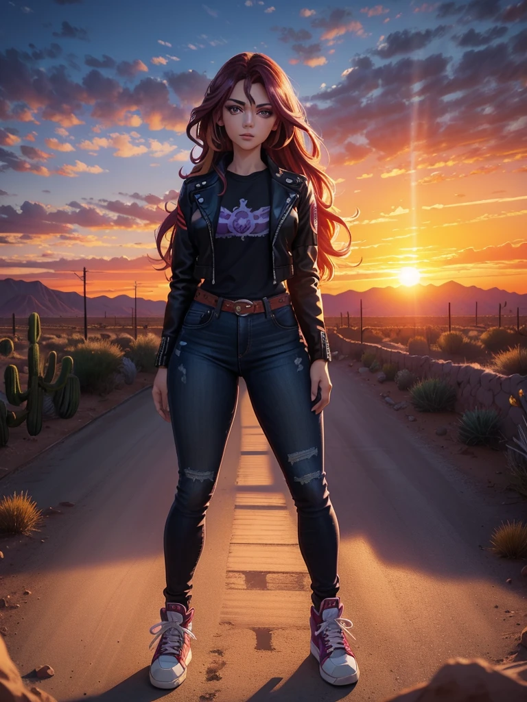 a beautiful woman with sunset shimmer hair, detailed facial features, striking purple eyes, delicate makeup, unzipped black leather jacket, purple shirt, blue jeans, red and white sneakers with white laces, standing in desert landscape of Tucson, Arizona, vibrant orange sunset sky, 8k, highly detailed, masterpiece, photorealistic, cinematic lighting, dramatic colors, detailed hands and feet