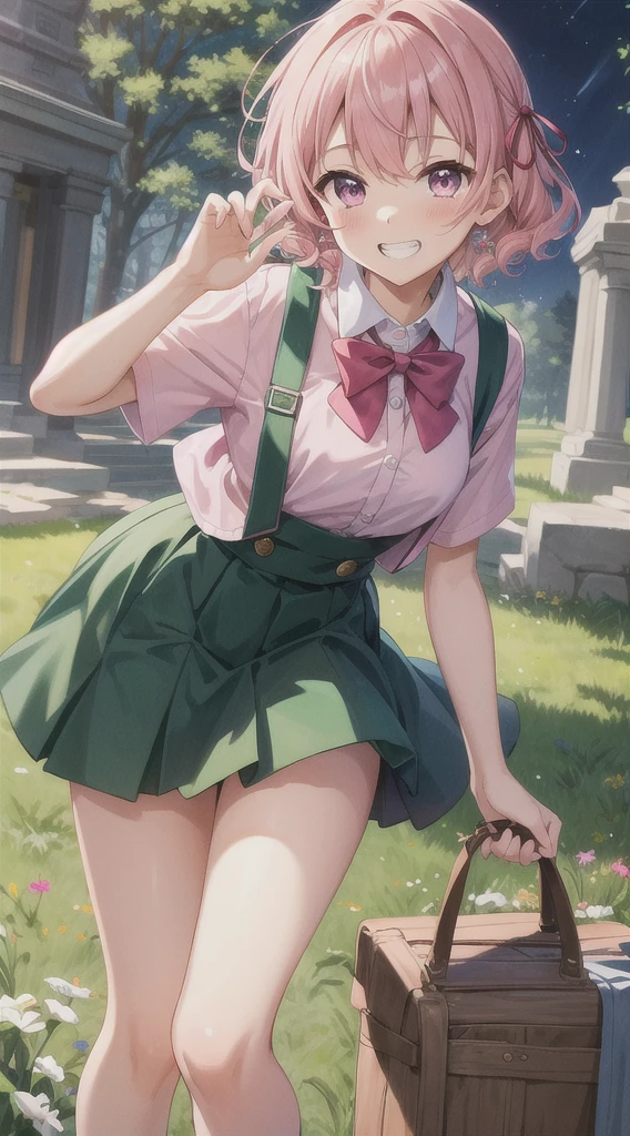 masterpiece, Highest quality, High resolution, break,
Moeka Nitta, Pink Hair, Hair Ribbon, Pink ribbon, Curly Hair, short hair, Purple eyes, Pink Eyes, 
chest, Pink Shirt, Green bow tie, Green Skirt, Checked skirt, ,chestの谷間, Grin, 
 break
,Lovely,Midnight in the Ancient Meadow, , Jacob&#39;s Ladder, Close-up shot, Dancing,avert your eyes, Thighs,