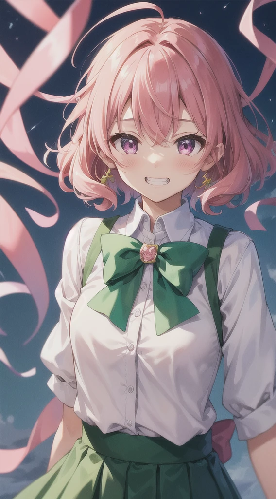 masterpiece, Highest quality, High resolution, break,
Moeka Nitta, Pink Hair, Hair Ribbon, Pink ribbon, Curly Hair, short hair, Purple eyes, Pink Eyes, 
chest, Pink Shirt, Green bow tie, Green Skirt, Checked skirt, ,chestの谷間, Grin, 
 break
,Lovely,Midnight in the Ancient Meadow, , Jacob&#39;s Ladder, Close-up shot, Dancing,avert your eyes, Thighs,