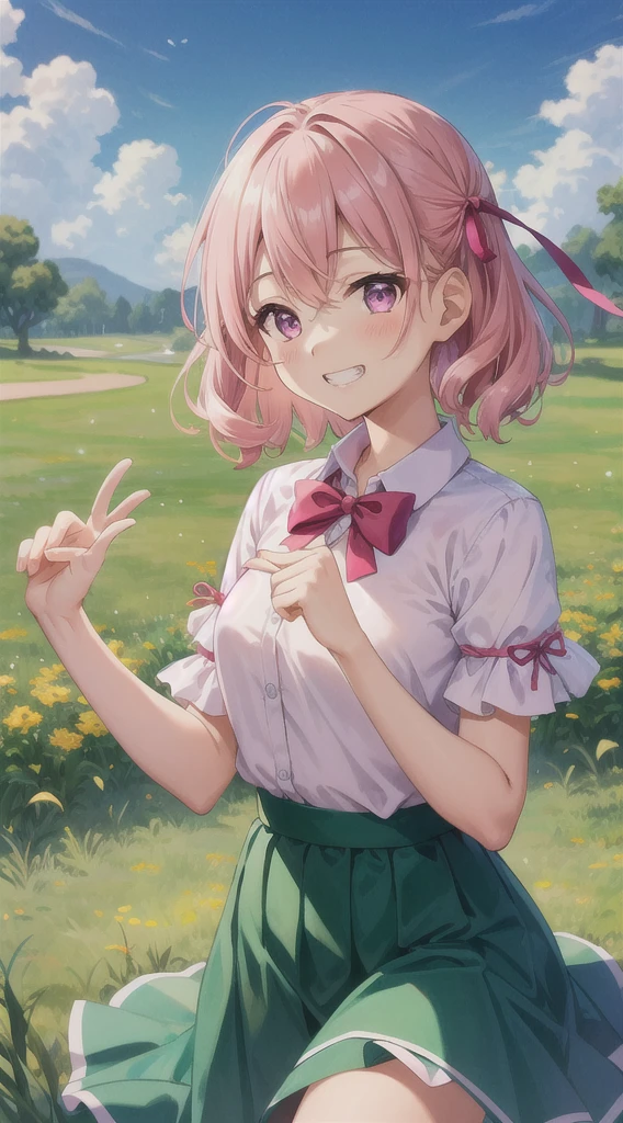 masterpiece, Highest quality, High resolution, break,
Moeka Nitta, Pink Hair, Hair Ribbon, Pink ribbon, Curly Hair, short hair, Purple eyes, Pink Eyes, 
chest, Pink Shirt, Green bow tie, Green Skirt, Checked skirt, ,chestの谷間, Grin, 
 break
,Lovely,Midnight in the Ancient Meadow, , Jacob&#39;s Ladder, Close-up shot, Dancing,avert your eyes, Thighs,