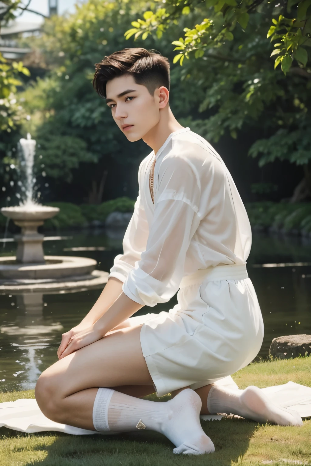 Asian muscular boy sitting on grass, sexy, Dark eyebrows, white shirt, wearing white thong high cut underwaer, white high cut Jockstrap, muscular young male, mid shot portrait, high quality portrait, Attractive pose, cute young man, gorgeous young model, portrait a 25 - year - old boy, casual photography, Realistic. Cheng Yi, cute young man, ((wearing micro string thong))
