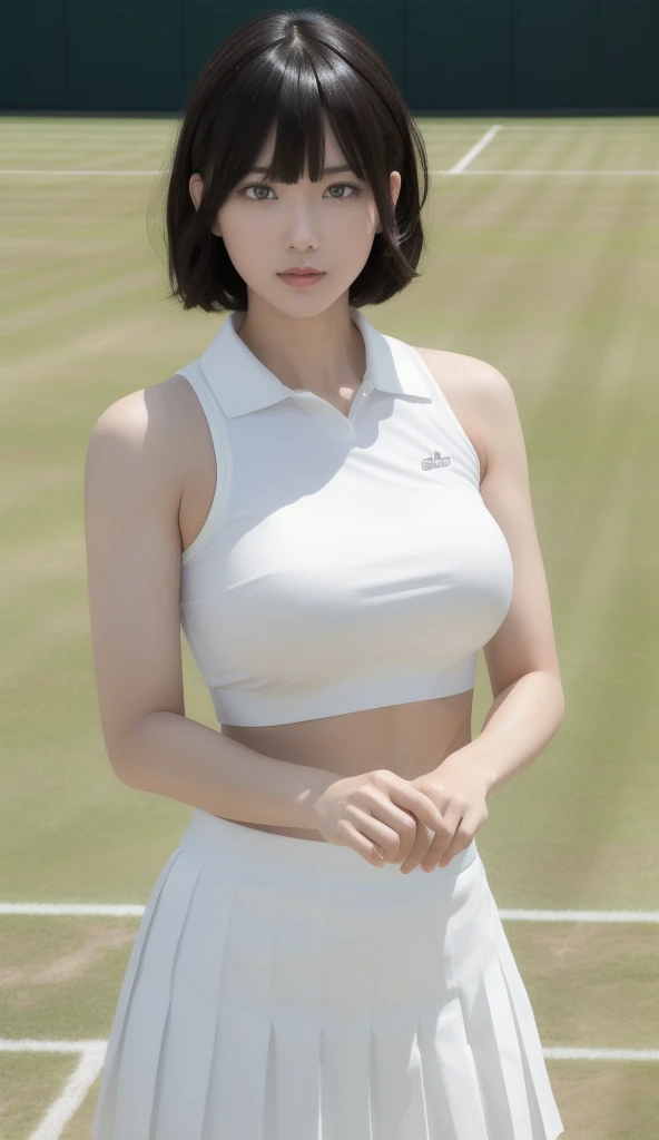1People Women、shirt、Pleated skirt、42 years old、Bob Hairstyle、超Big Breasts、Big Breasts、、Japanese、Maid、Chromo white skin、Beautiful Eyes、Dignified face、(Big Breasts)、Play tennis、Wimbledon、Wearing white tennis wear、Cinema Lighting、Upper body portrait、