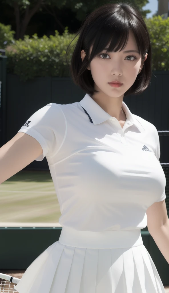 1People Women、shirt、Pleated skirt、42 years old、Bob Hairstyle、超Big Breasts、Big Breasts、、Japanese、Maid、Chromo white skin、Beautiful Eyes、Dignified face、(Big Breasts)、Play tennis、Wimbledon、Wearing white tennis wear、Cinema Lighting、Upper body portrait、