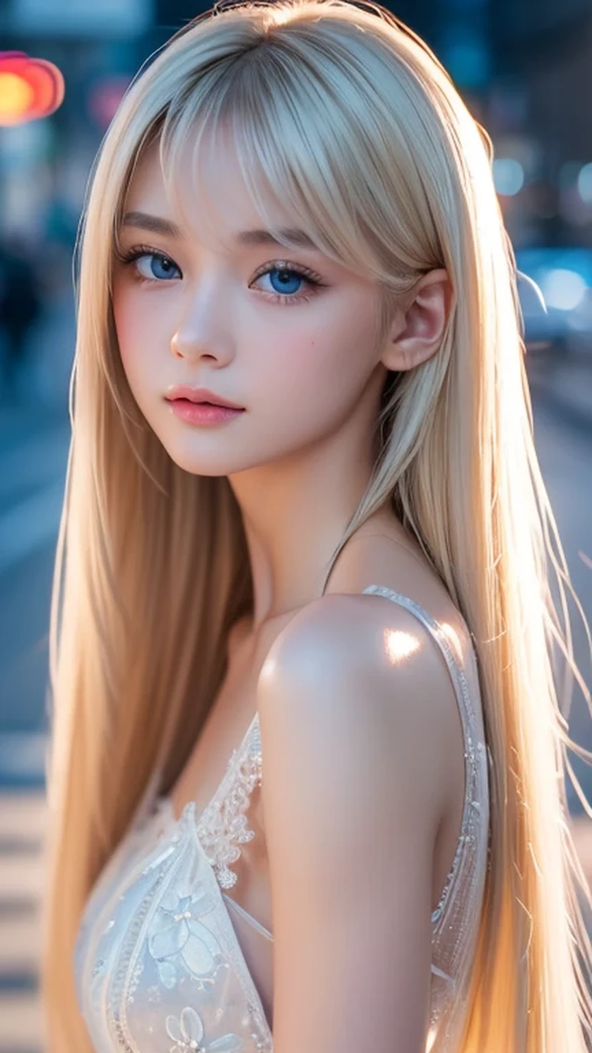 night、RAW Photos、(((A portrait of extreme beauty)))、((Glowing Skin))、1 girl、15 years old beautiful girl in Prague、((Natural bright platinum blonde hair))、[blue eyes]、Snow-white, shiny skin、Silky super long straight hair、eyeliner、Long Bangs、Hair between the eyes、Fluttering Hair、((masterpiece、最high quality、Super detailed、Film Light、Intricate details、High resolution、8K、Very detailed))、Detailed Background、8K uhd、Digital SLR、Soft Light、high quality、Film Grain、Fujifilm XT3 、Shallow depth of field、Natural light、（Perfect hands）、Perfect pretty face