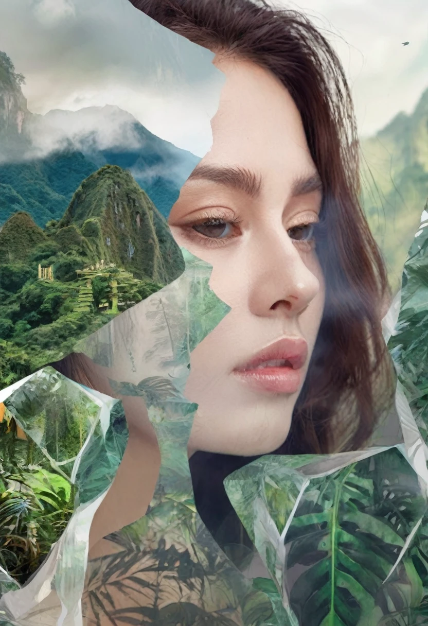 Dubrec style，Brunette woman transparent face close-up，Jungle mountains image foreground，（multiple exposure：1.8），Complex illustrations in surrealist art style，Surreal dreams