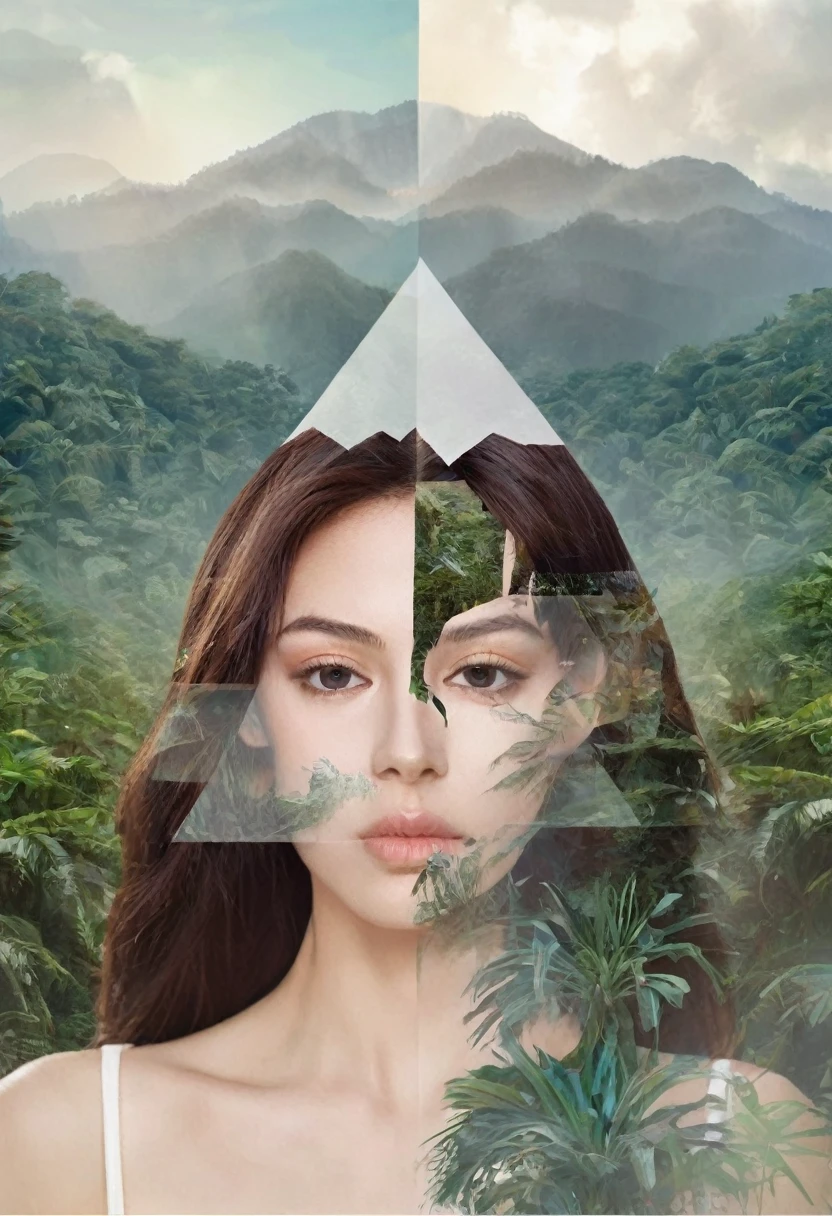 Dubrec style,Brunette woman transparent face close-up,Jungle mountains image foreground,(multiple exposure:1.8),Complex illustrations in surrealist art style,Surreal dreams