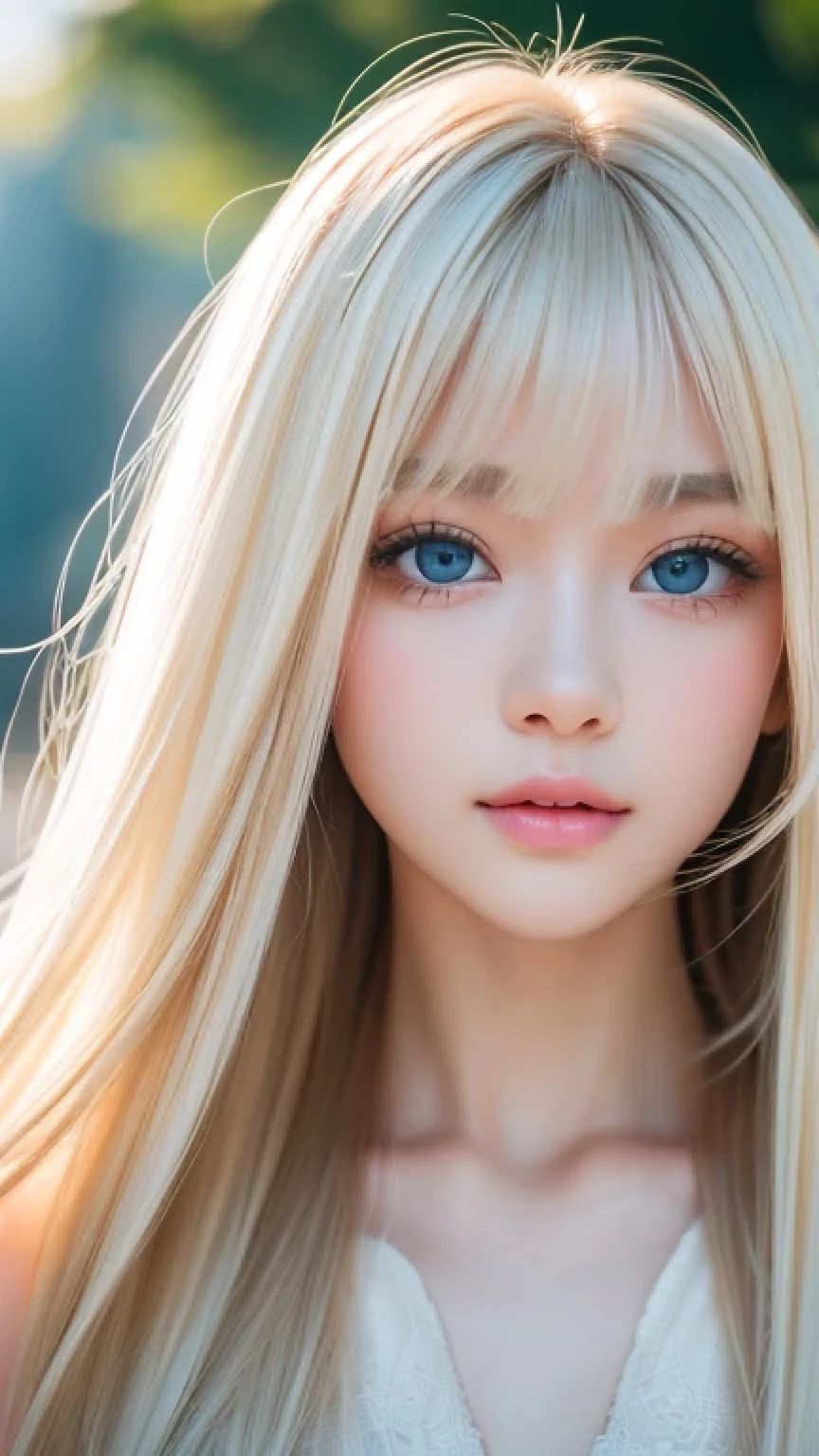 night、RAW Photos、(((A portrait of extreme beauty)))、((Glowing Skin))、1 girl、15 years old beautiful girl in Prague、((Natural bright platinum blonde hair))、[blue eyes]、Snow-white, shiny skin、Silky super long straight hair、eyeliner、Long Bangs、Hair between the eyes、Fluttering Hair、((masterpiece、最high quality、Super detailed、Film Light、Intricate details、High resolution、8K、Very detailed))、Detailed Background、8K uhd、Digital SLR、Soft Light、high quality、Film Grain、Fujifilm XT3 、Shallow depth of field、Natural light、（Perfect hands）、Perfect pretty face