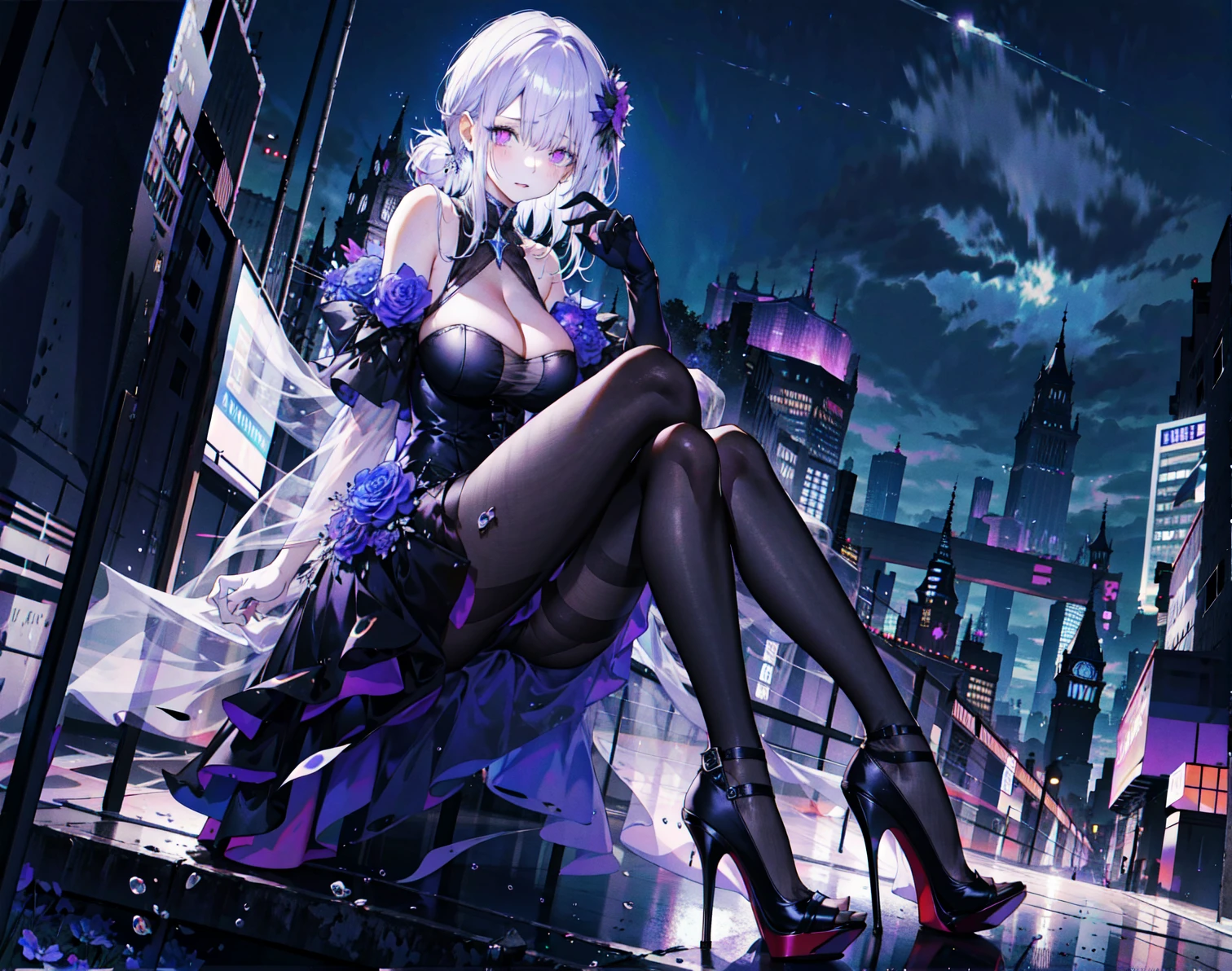 （（masterpiece：1.4，best quality）），（Super detailed），（Extremely detailed eyes），（Shiny socks：1.5），Hello Darkness
（Cute girls），，（Blood-red pupils，Diamond-shaped pupil：1.15），Purple Eyeshadow，（elongated hair，Thick hair，Single ponytail，shiny hair：1.5）（Changes through：1.2），despair，sad，Empty eyes，tears streaming down my face，tilting its head to the side，
（She wore a blue dress，：1.5），（Black gloves：1.4）Very long plush sleeves，White，White Cloud，Dream bubbles ，Ice and glitter effects
（Black long skirt：1.1），
（（Starry Sky：1.2）），
（Intense black and white：1.16），（Depth of Field：1.4），，Intricate details，(((Detailed background，Castle in the Sky，Purple flowers by the lake)))，(((Huge breasts，Bare breasts，Deep cleavage，White stiletto high heels，Transparent clothes)))