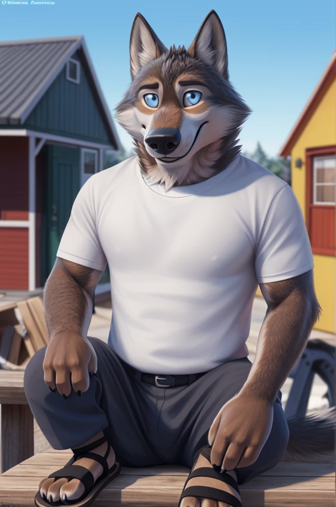 Larry (Zveropolis), wolf, Gray Fur, (brown body:1.3), beautiful blue eyes, Zveropolis, dressed, t-shirt,trousers,thick-soled sandals, observant,wolf, detailed fur, male, second, paw pads, finger claws, viewer, 5 fingers, paws, 4 toes,holding sandals,
BREAK from nextel, for dating, by xenoforge, (difficult, high detail,digital photography, soft focus, RAW, close to the camera, smile, positive, Good, mood, Houses, смотрит на viewer, очень close to the camera, in the shop,sandals sitting on straps,
Photorealism, realistic, photorealistic,digital style, Subsurface scattering,очень close to the camera кольцо на пальце руки,
masterpiece, Best quality, ultra realistic, 8 thousand.)
